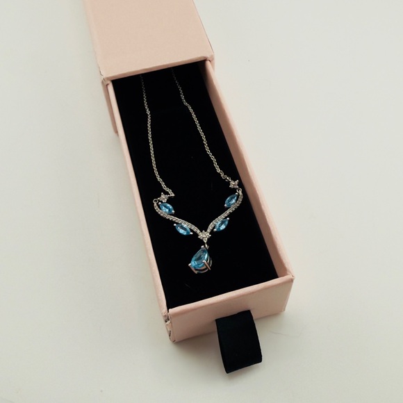 Blue Topaz & White Sapphire Tear Drop Necklace New - Picture 14 of 15